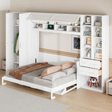 Merax Queen Murphy Bed with Tall 90.6" Closet Wardrobe & Shelves & Drawers, All-in-One Multi-Storage Side Flip Wood MDF Murphy Cabinet Bed Desk, Open/Close Hydraulically (White) Merax