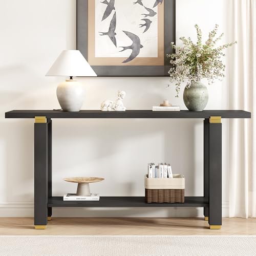 63" Modern Minimalist Console Table with Open Bottom Storage Shelf, Versatile Buffet Sideboard, Solid Wood Sofa Side Table with Metal Accents for Entryway, Hallway and Living Room (Black-05) HZSMHDZKJ