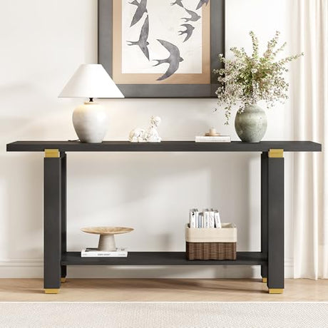 63" Modern Minimalist Console Table with Open Bottom Storage Shelf, Versatile Buffet Sideboard, Solid Wood Sofa Side Table with Metal Accents for Entryway, Hallway and Living Room (Black-05) HZSMHDZKJ
