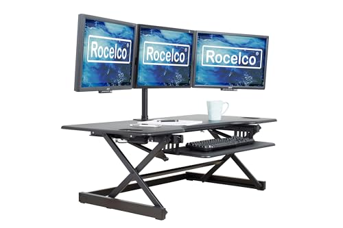 Rocelco 46" Large Height Adjustable Standing Desk Converter - Quick Sit Stand Up Triple Monitor Riser - Tall Gas Spring Assist Computer Workstation - Retractable Keyboard Tray - Black (R DADRB-46) Rocelco