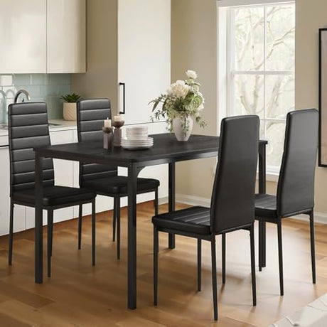 Gizoon Dining Table Set for 4, Kitchen Table Chairs Set of 4, 5 Piece Kitchen Table Set with 4 Upholstered PU Leather Chairs for Dining Room, Living Room, Apartment, Small Space, Black Gizoon