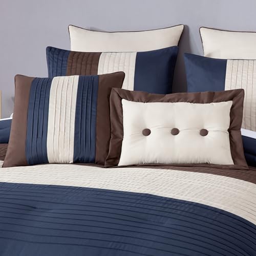 Chezmoi Collection Loft 8-Piece Queen Comforter Set, Midnight Blue/Brown/Coffee Cream Luxury Striped Bedding for All Season Chezmoi Collection