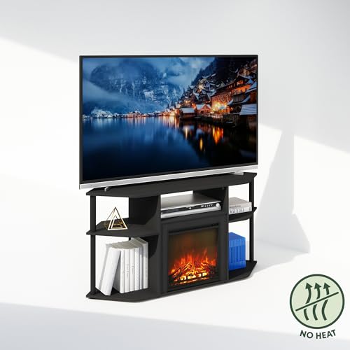 Furinno Jensen Fireplace TV Stand, NO Heat Decorative Electric Fireplace Corner Open Shelf TV Stand for TV up to 55 Inch, for Living Room, Dark Americano Furinno