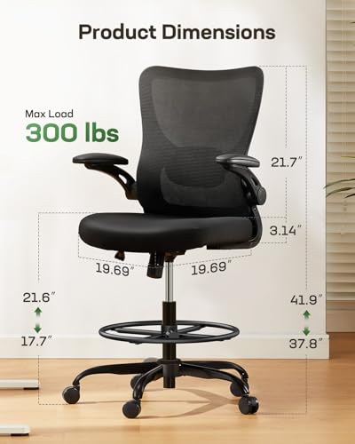 Marsail Drafting Chair, Tall Office Chair with 2D Lumbar Support, Standing Desk Chair with Padded Flip-Up Armrests & Adjustable Footrest Ring, Black Marsail