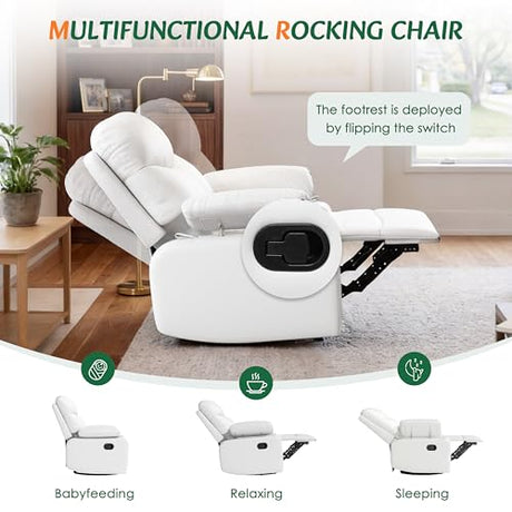 Nursery Glider Recliner with Adjustable Armrests, Oversized Comfortable Nursing Chair for Breastfeeding Moms, 360°Swivel, 90°-160° Recline, Quiet Rocking Chair Nursery for Living Room, White AILEEKISS