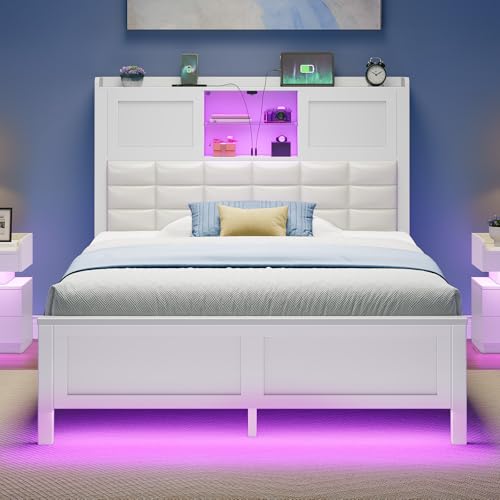 Rolanstar Bed Frame Twin Size with Charging Station, Bookcase Headboard Bed with LED Light and Sliding Doors, Platform Bed with Wooden Slats, No Box Spring Needed, Noise Free, White Rolanstar