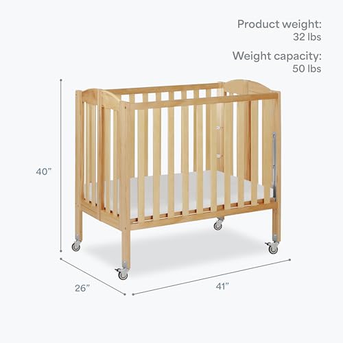 Dream On Me 3-in-1 Portable Folding Stationary Side Mini Baby Crib in Natural & Mattress, GreenGuard Gold & BSA, Use as Changer & Playpen, Locking Wheels, 3 Mattress Heights, Extra Firm Mattress