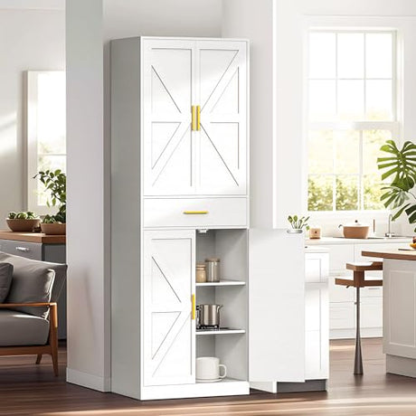 GTFURNI 71" Tall Kitchen Pantry Storage Cabinet with 4 Doors & Drawer, Adjustable Shelves, Farmhouse Cupboard, Freestanding Cabinet with Door Shelves for Dining Room/Living Space, White GTFURNI