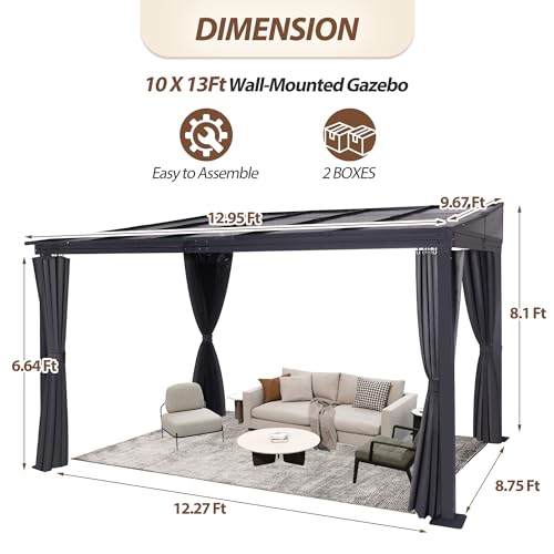 10' x 13' Lean to Gazebo, Wall Mounted Gazebo with Aluminum Frame, Polycarbonate Hardtop Gazebo Pergola with Sloping Roof for Outdoor, Backyard, Patio(Grey)