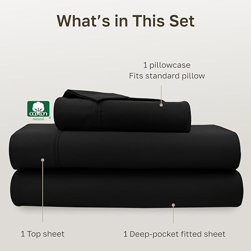 California Design Den Soft Twin Sheets Set - 400 Thread Count Sateen, 100% Cotton Sheets, Deep Pockets, and Durable Bedding Set for Dorm Rooms & Adults - Black California Design Den