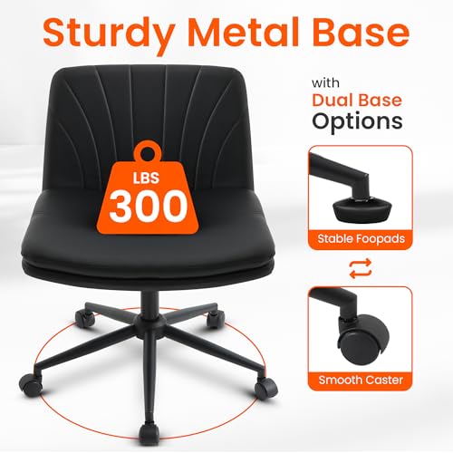 Orange Factory Criss Cross Chair with Wheels Comfy Wide Vanity Desk Chair Dual Base Leather Armless Adjustable Swivel for Home Computer Task (Black) Orange Factory