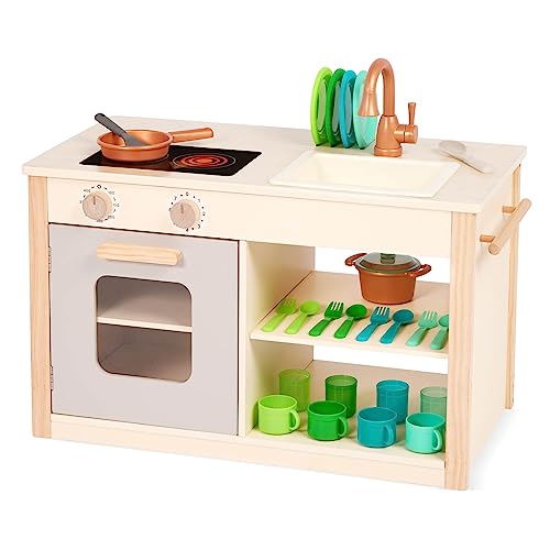Battat – Play Kitchen & Market – Toddler-Friendly Size – Chalkboard Menu & Oven Dials – 25 Toy Cooking Accessories – 2 Years + – Two n' One Cookin' Fun Battat