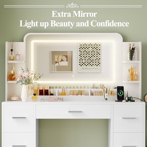 JUMMICO Makeup Vanity Desk with Large Mirror and LED Lights, Vanity with Power Strip and Hairdryer Holder, 6 Open Shelves and 7 Drawers Modern Dressing Table, for Bedroom (White) JUMMICO