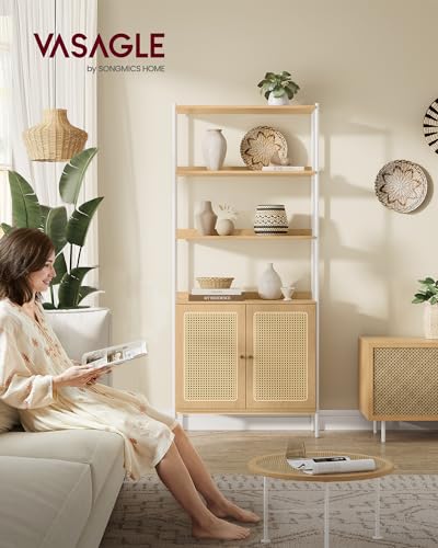 Boho-Style 6-Tier Bookcase with Rattan-Like Door, Freestanding Oak Beige and Pearl White Storage Shelf by VASAGLE - WoodArtSupply