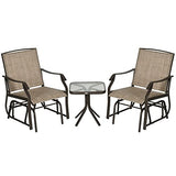 Outsunny 3 Piece Outdoor Glider Chair with Coffee Table Bistro Set, 2 Patio Rocking Swing Chairs with Breathable Sling Fabric, Glass Tabletop, for Backyard, Garden and Porch, Mixed Brown Outsunny