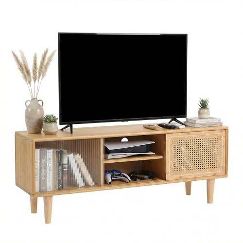 Welnow Rattan TV Stand for Up to 55 Inch, Mid Century Modern Bamboo Entertainment Center with 2 Cabinets & Adjustable Shelf, Storage Media Console Table for Living Room, Bedroom, Natural Welnow