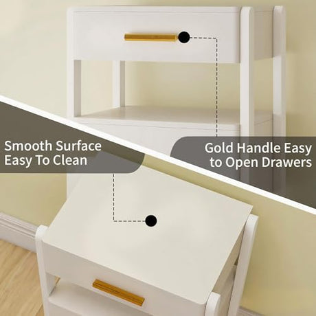 Tltaroni Nightstand with 2 Drawers and Open Shelf Wooden Bedside Table Gold Handles Modern Storage Night Stand Sensor Light for Bedroom, White Tltaroni