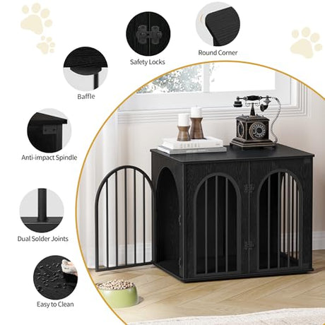 Hzuaneri 26.8'' Wooden Dog Crate Furniture, Indoor Dog Kennel Dogs Cage for Small Dogs, Heavy Duty Dog Crates Decorative Pet House End Side Table TV Stand, Black DFC85504B Hzuaneri
