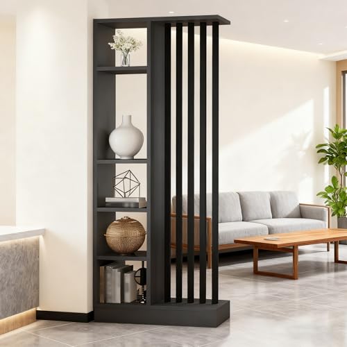 Wall Room Divider - Freestanding Wood Room Divider with Shelves, Wall Divider with Storage Cabinet, Easy Assembly Freestanding Decor for Bedroom, Office (Grey+Black, 31.5IN) Horseo