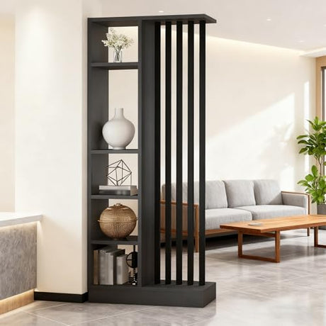 Wall Room Divider - Freestanding Wood Room Divider with Shelves, Wall Divider with Storage Cabinet, Easy Assembly Freestanding Decor for Bedroom, Office (Grey+Black, 31.5IN) Horseo