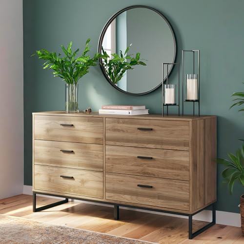 Signature Design by Ashley Deanlow Mid-Century Modern 6 Drawer Dresser with Safety Stop for Bedroom, Light Brown & Black Signature Design by Ashley