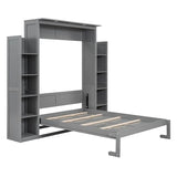 Merax Full Size Murphy Bed with 2 Five-Layer Cabinet, Modern Wall Bed with Shelves and LED Lights, Foldable Wood Platform Bed Folded into Cabinet for Guest Room, Home and Office, Grey Merax