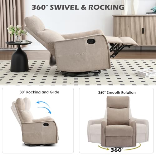 Trustyue Swivel Rocker Recliner Chair, 360° Swivel Recliner with Heat and Massage, Rocker Recliner Nursery Glider Chair with Side Pockets for Living Room (Khaki, Fabric)
