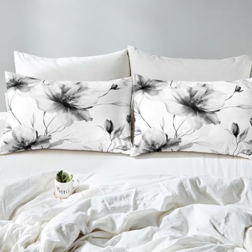 Erosebridal Black and White Flower Bedding Set Full, Boho Flower Duvet Cover for Women Men Adults Teens Bedroom, Artistic Watercolor Floral Comforter Cover, Ink Painting Style Blossom & Leaf Bed Set Erosebridal