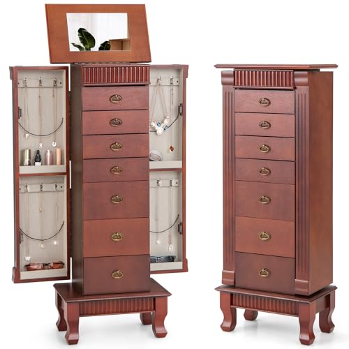 Giantex Standing Jewelry Armoire Cabinet Storage Chest with 7 Drawers, 2 Side Doors, 12 Necklace Hooks, Makeup Mirror and Top Divided Storage Organizer, Large Standing Jewelry Armoire Giantex