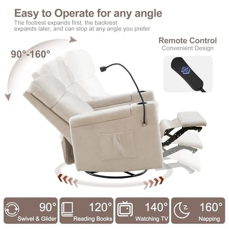 ABCASA Power Recliner Rocking Chair Nursery Glider, Swivel Reclining Nursery Rockers for Baby Room & Living Room, Chenille Chair with Phone Holder, USB/Type-C Ports, Arm Storage, Light Brown ABCASA
