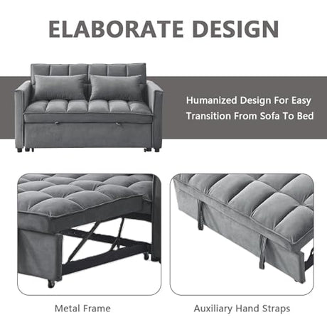 54" Convertible Sofa Bed, Velvet Sleeper Sofa with Pull-Out Bed, 3-in-1 Futon Couch with Reclining Backrest and Side Pocket, Modern Loveseat for Living Room (Medium Grey) Qinazoe