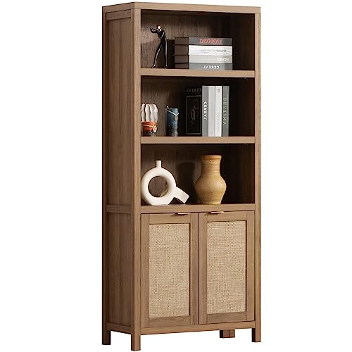 SICOTAS 5-Tier Boho Rattan Bookshelf with Doors - Stylish Oak Storage for Home and Office - WoodArtSupply