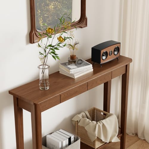 AQIMUELE Wood Console Table with Drawers, Mid Century Modern Console Table Walnut for Entryway, Living Room, Hall Way. AQIMUELE