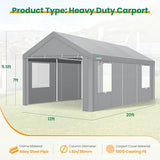 COBIZI Carport Canopy 12x20 Heavy Duty Portable Garage with Removable Sidewalls & Doors, Car Port Canopy Tent with Built-in Sandbags & All-Season Tarp for Car Boat Truck, Gray COBIZI