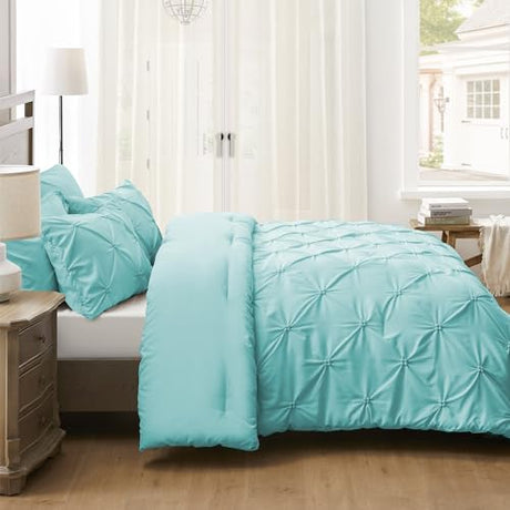 UNIKOME King Size Comforter Set Aqua Blue - Ultra Soft Boho Pintuck Down Alternative Bedding Set for All Seasons, 3 Pieces Lightweight Warm Pinch Pleat Bed Set with Comforter, 2 Pillowcases UNIKOME