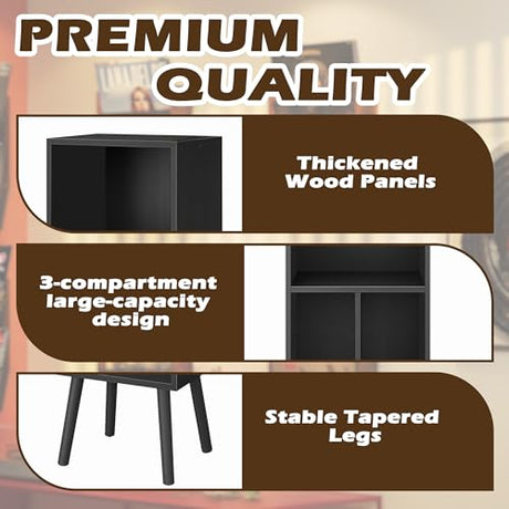 Record Player Stand with Vinyl Storage, 3 Tier Wooden Vinyl Record Stand, Record Player Cabinet, Record Player Stand with Storage, Record Player Shelf for Bedroom, Office, Black Montex