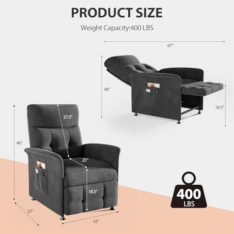 LegacyAmerhome Power Recliner Chair for Adults with Heat & Massage - Soft Fabric Electric Reclining Sofa with Remote Control, 180° Lay Sleeper 3 Side Pockets for Living Room Home Theater, Dark Grey LegacyAmerhome