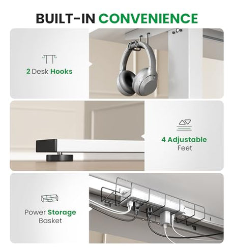 DeskShow Electric Standing Desk Adjustable - 60x28 Inch Sit Stand Desk with 1 Inch Thick Tabletop, Double Beam Frame, 3 Memory Height Adjustment, Cable Management for Home Office DeskShow