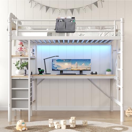 Jocoevol Twin Size Loft Bed with L-Shaped Desk, LED Lights,Charging Station, Industrial Heavy Duty Metal Loft Bed Frame with 3 Storage Shelves and 3 Fabric Drawers, Safety Guard & Ladder, White Jocoevol
