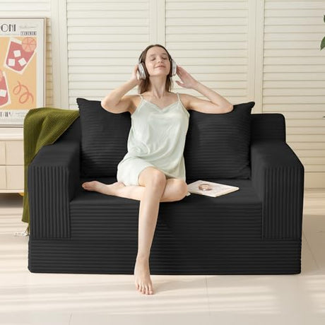 Erament Loveseat Boneless Convertible Sofa Bed, Folding Floor Futon Sleeper Sofa Couch Bed- Boneless Foldable Couch, Corduroy Pull Out Sofa Bed with 2 Pillows for Living Room & Bedroom Erament