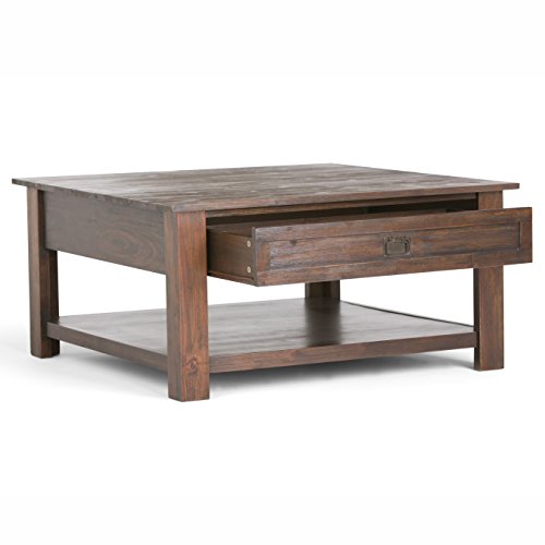 SIMPLIHOME Monroe SOLID ACACIA WOOD 38 Inch Wide Square Rustic Coffee Table in Distressed Charcoal Brown, For the Living Room and Family Room - WoodArtSupply