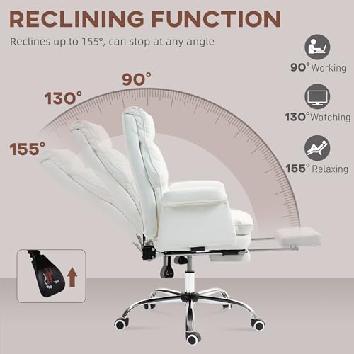HOMCOM Executive Office Chair, PU Leather Ergonomic Office Desk Chair with Footrest, Reclining and Swivel Chair, White HOMCOM