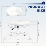Misolant Vanity Chair with Back, Small Armless Cute office Chair with wheels and Lumbar support, Comfy PU Leather Desk Computer Chairs with Adjustable Height, 360°Swivel for Home Bedroom Office, White Misolant