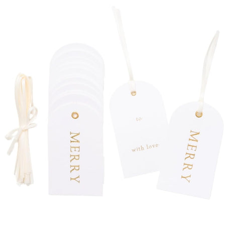 Christmas Gift Tags, Premium Arch Letterpress Holiday Tags with Gold Foil, Merry, to and with Love, Set of 25 with Satin Ribbon by Merry Market Merry Market