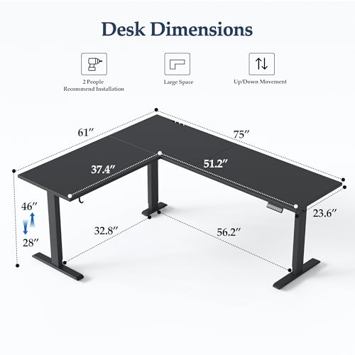 Mericonia 75 x 61 Inch Large L-Shaped Standing Desk with Cable Management, Electric Adjustable Computer Desk, Corner Stand Up Desk for Home Office Work, Black Mericonia