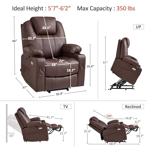 MCombo Large Power Lift Recliner Chair with Massage and Heat for Tall Elderly People, 3 Positions, Cup Holders, and USB Ports, Faux Leather 7516 (Large, Light Brown)