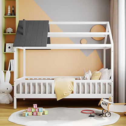 Merax Twin House Bed for Kids - Fun House-Shaped Platform Bed Frame with Roof, Windows, and Safety Rails in White and Grey - WoodArtSupply