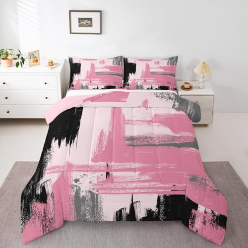 Erosebridal Girls Pink and Black Comforter Set Full Size Girly Abstract Pink Comforter Set for Kids Teens Women Geometric Modern Bedding Sets Minimalists Striped Art Bed Sets for Adults Boys Men Erosebridal