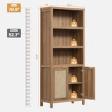 SICOTAS 5-Tier Boho Rattan Bookshelf with Doors - Stylish Oak Storage for Home and Office SICOTAS