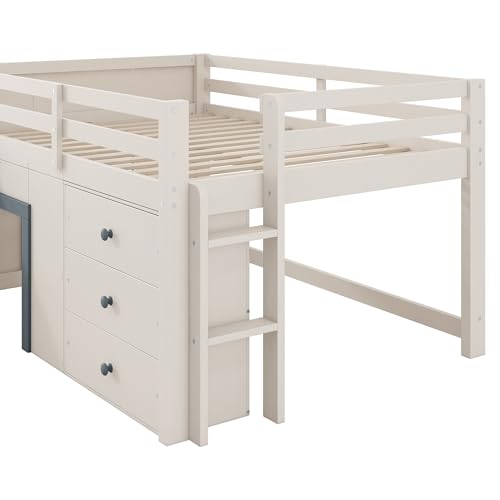 Quarte Full Size Kids Low Loft Bed with Slide,Three Storage Drawers and Two Doors,Solid Wood & MDF Construction, No Box Spring Needed Quarte